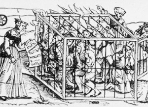 Artwork of a 17th century idiot cage