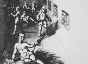 Artwork showing inmates in an 18th century asylum